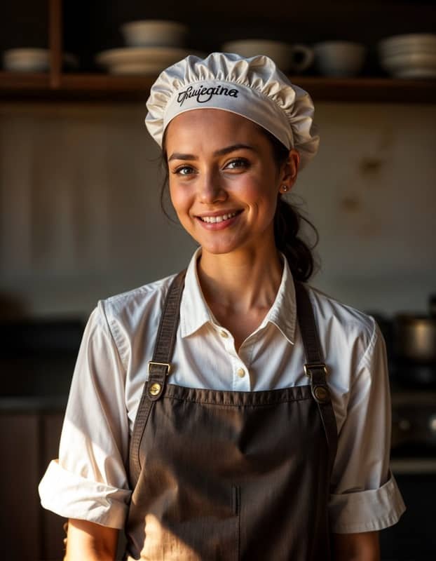 María con el uniforme de cocinera